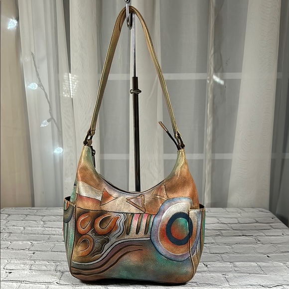 Anuschka Hand Painted Leather Purse Boho Hippie Handbag Tote India Abstract Art - Picture 1 of 16